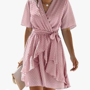 BTFBM Women Fashion Faux Wrap Swiss Dot V-Neck Short Sleeve High Waist Dress